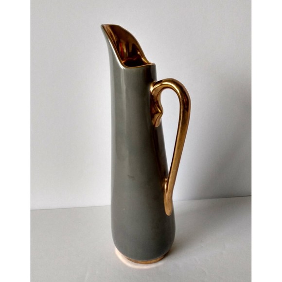 Vintage Gray Pitcher 24k Plated Trim Slim 8" x 2" Grey Kitchen Home Decor Vase - Picture 4 of 6